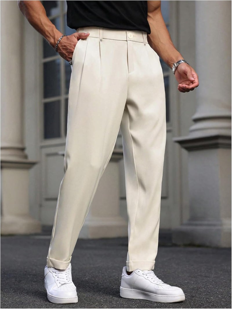 OYOANGLE Men's Dress Pants Zipper Fly Pleated Business Casual Skinny Tapered Trousers - Image 4